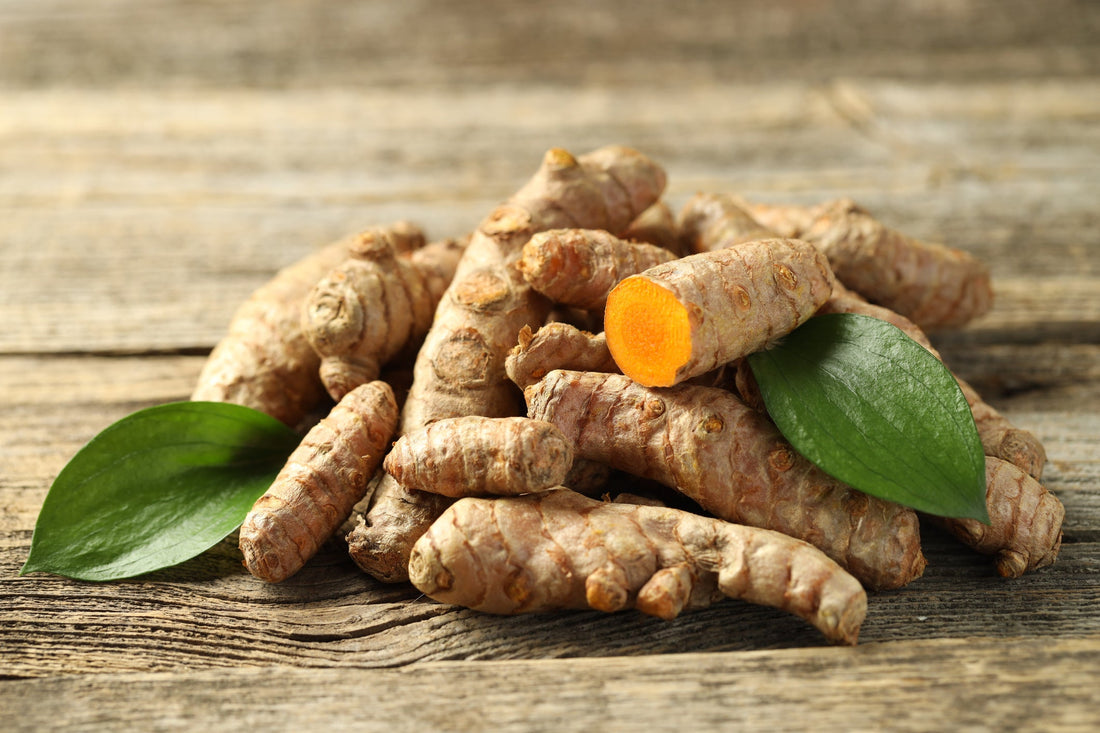 Pile of turmeric rhizomes with leaves on wooden table